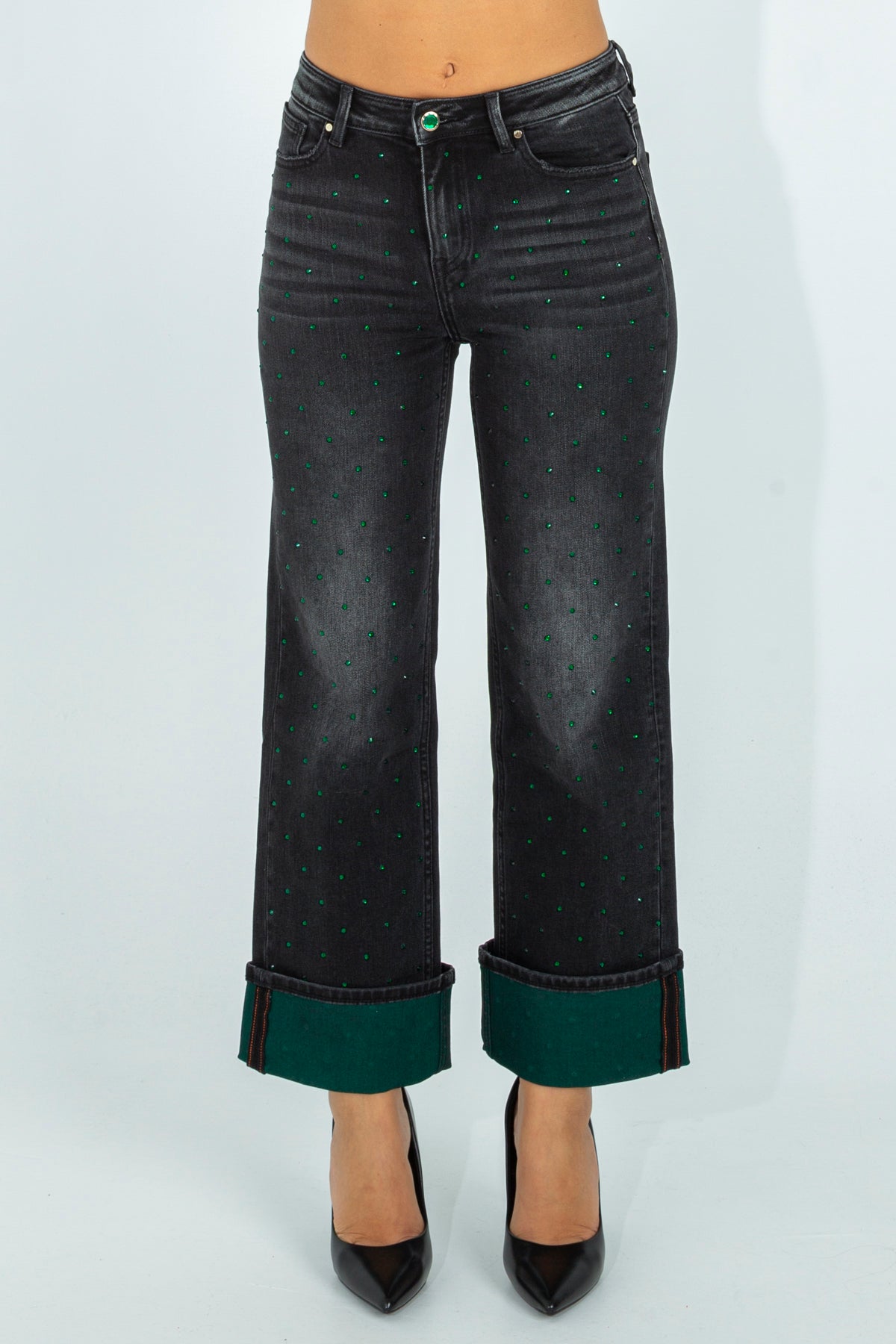 Straight leg jeans with rhinestones