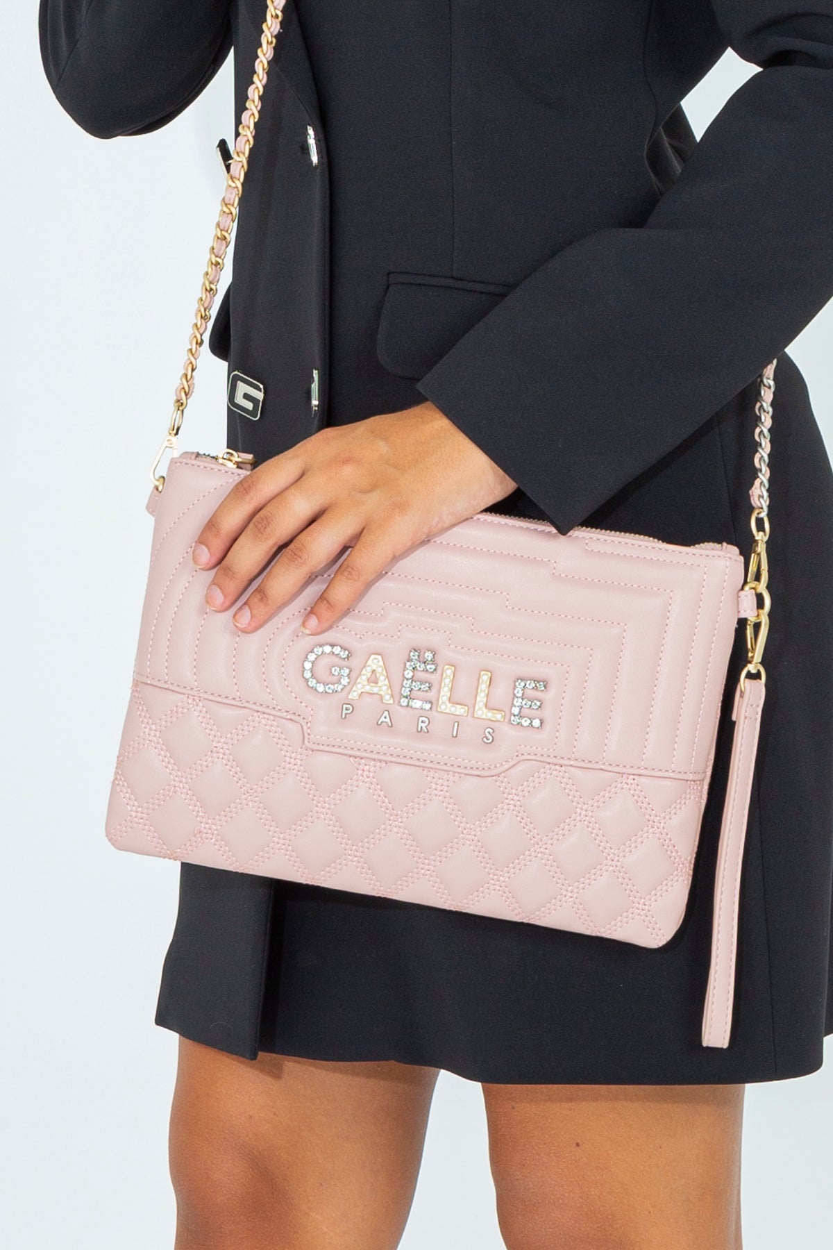 Clutch bag with rhinestone logo