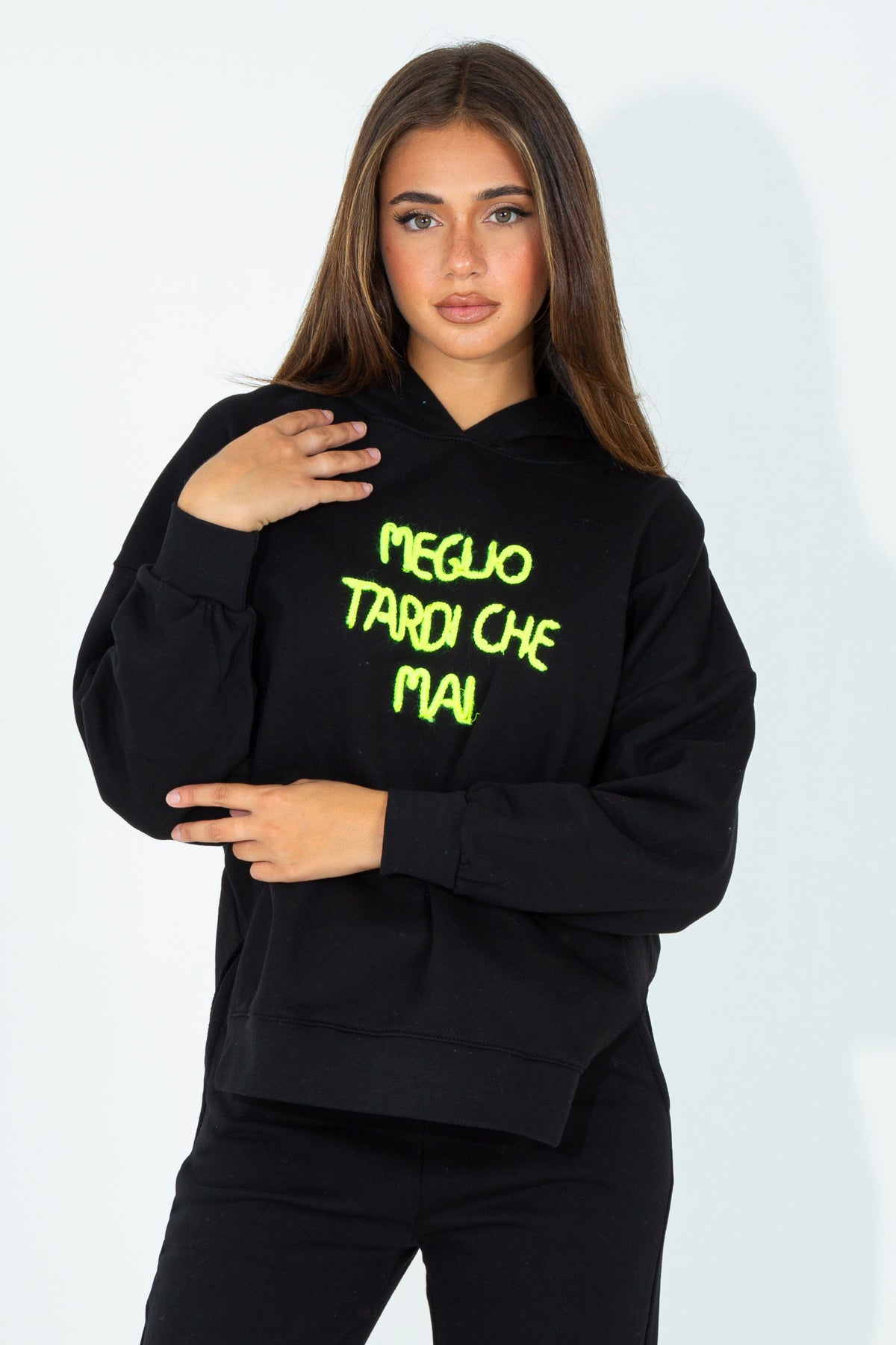 Hoodie with embroidered phrase