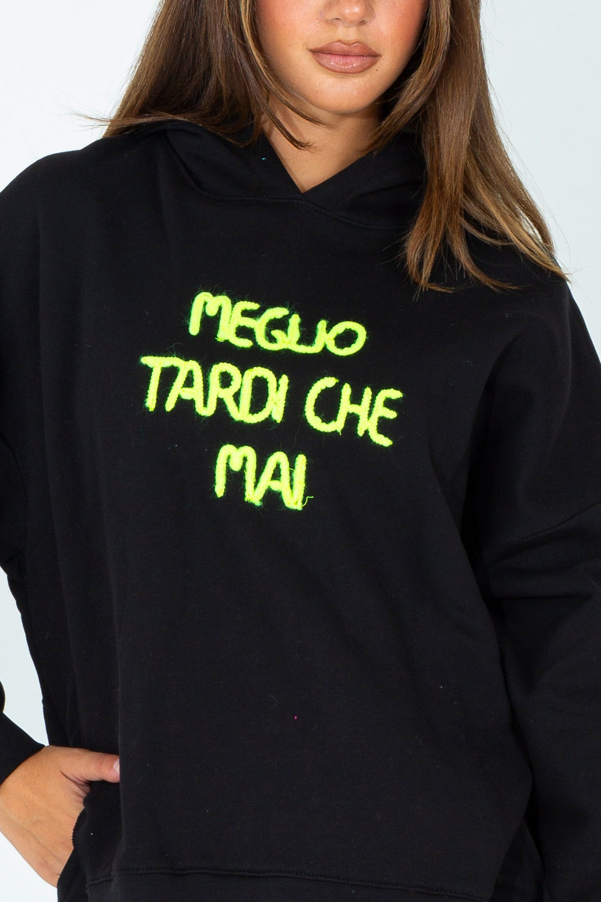 Hoodie with embroidered phrase