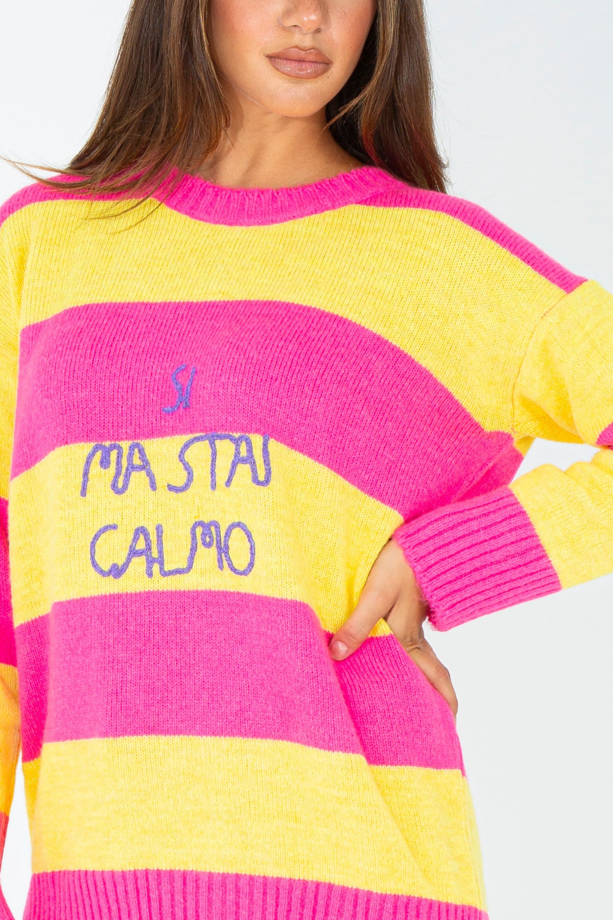 Striped shirt with embroidered phrase