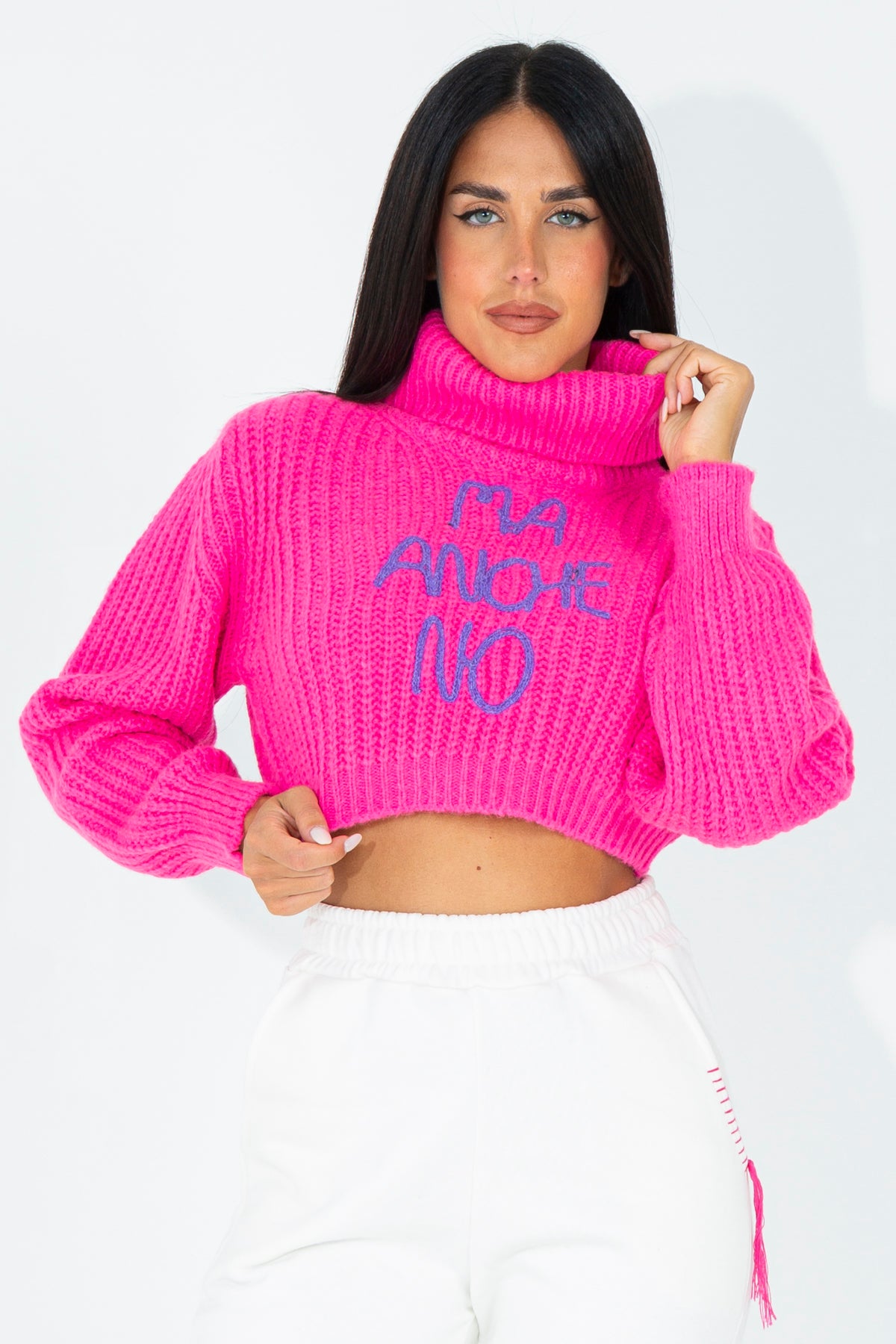 Crop turtleneck sweater with embroidered phrase