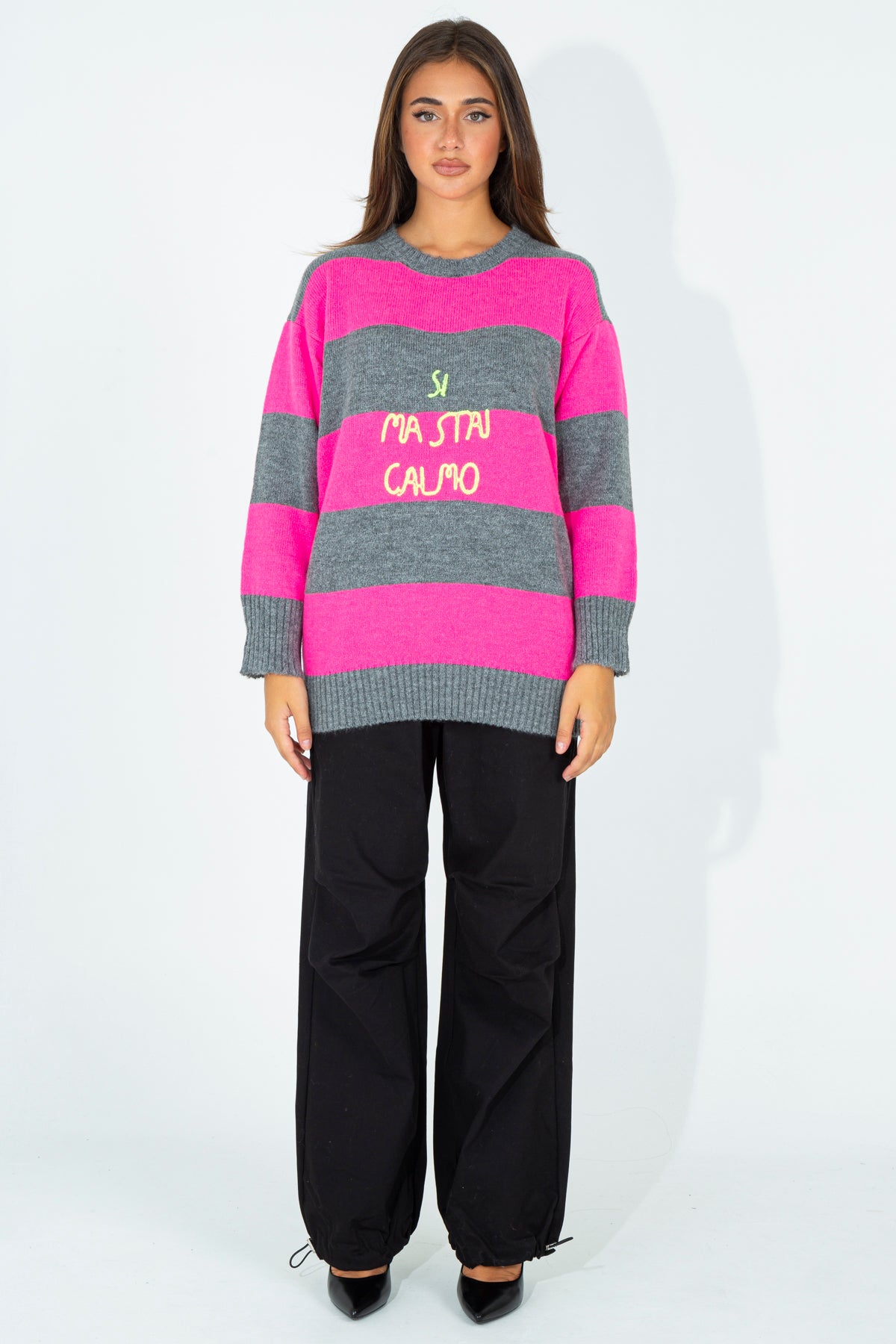 Striped shirt with embroidered phrase