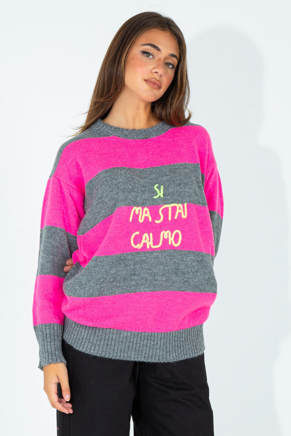 Striped shirt with embroidered phrase