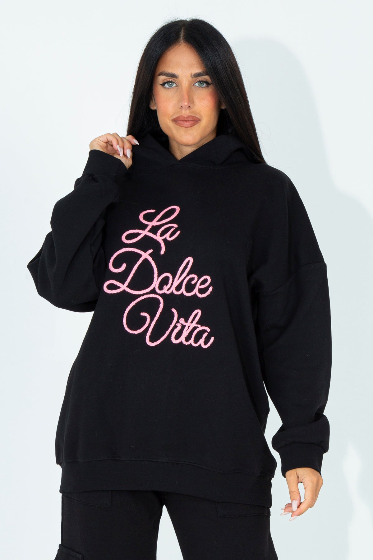 Hoodie with embroidered phrase