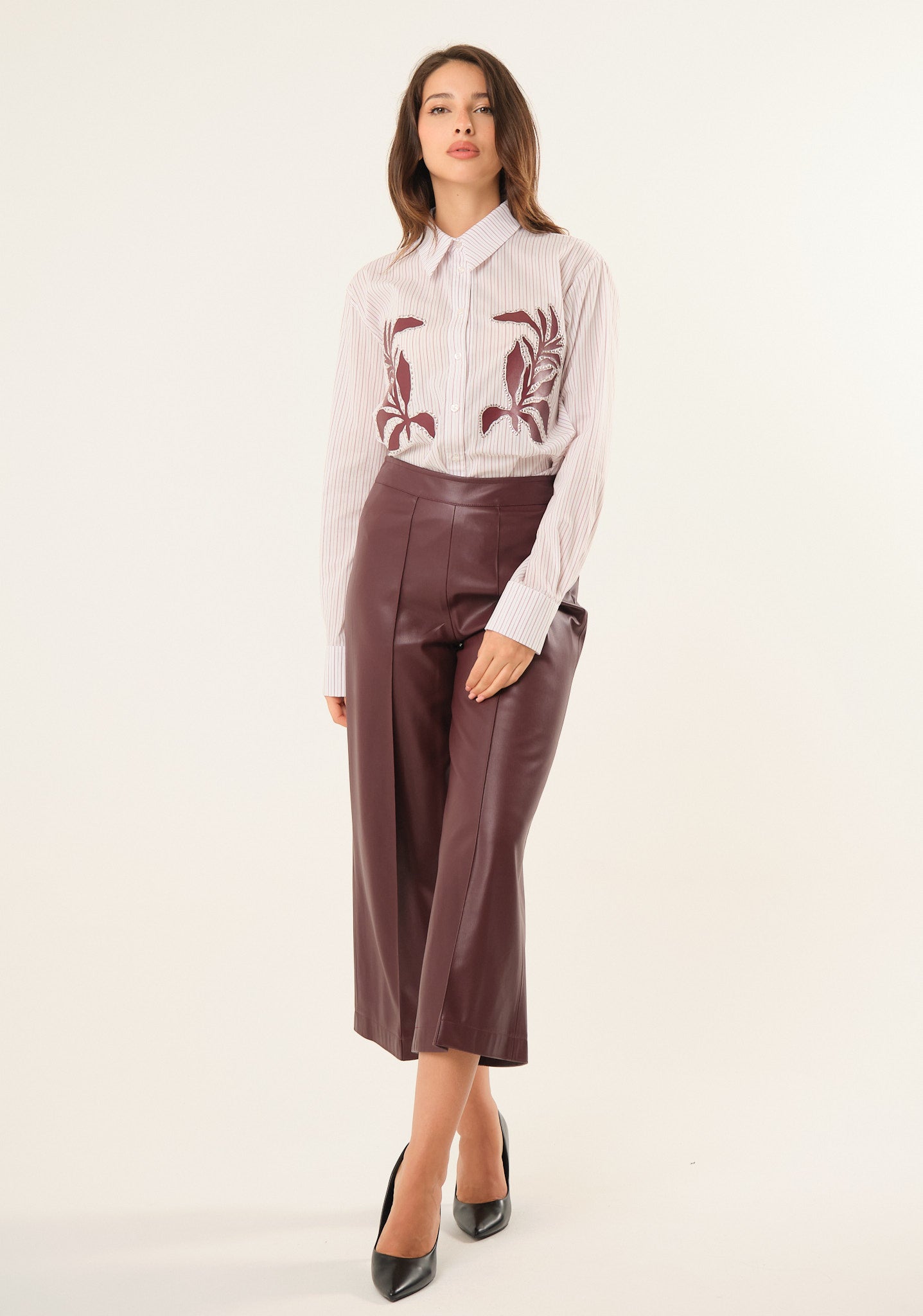 Camicia a righe con inserti in ecopelle