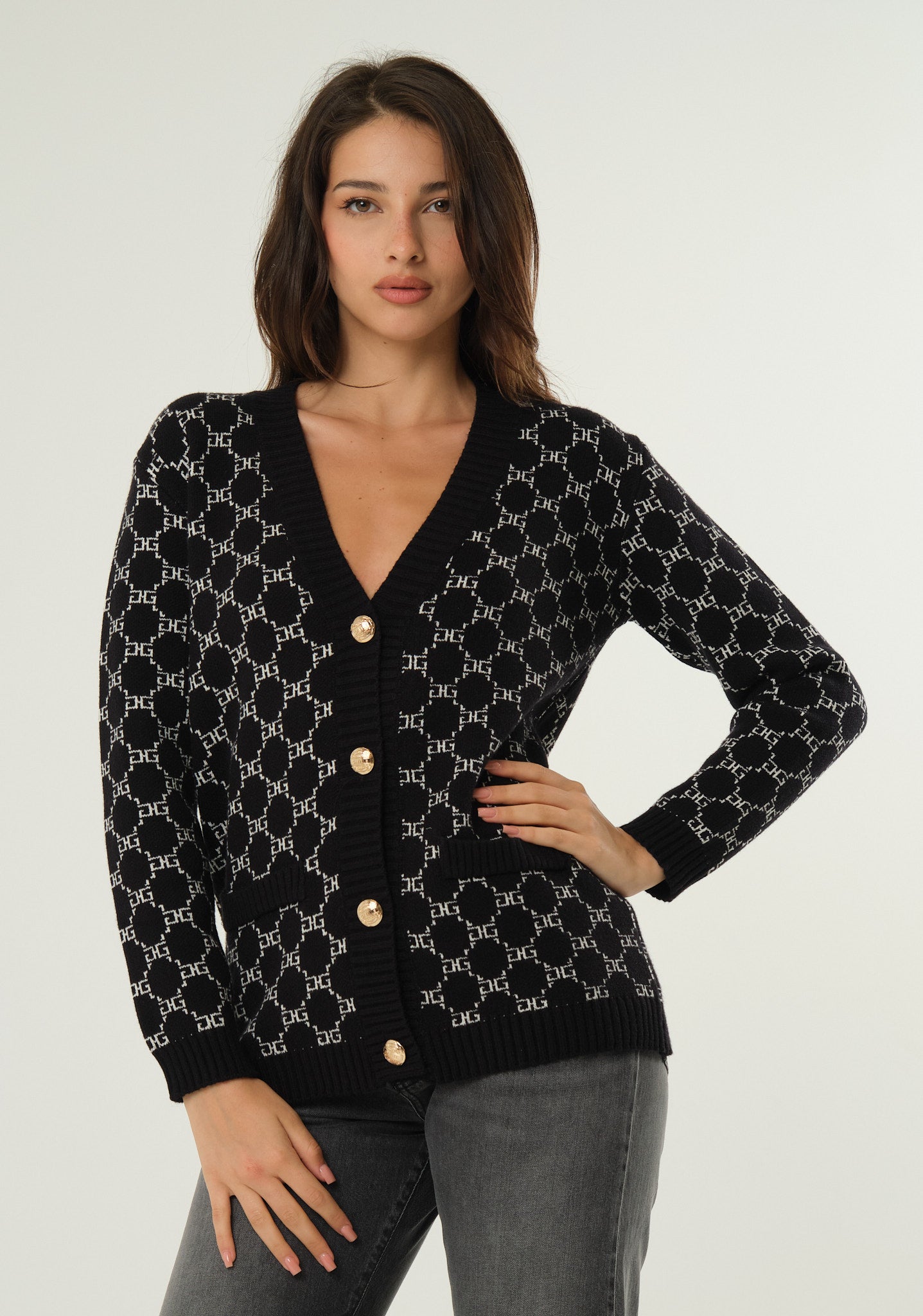 Cardigan con logo a intarsio