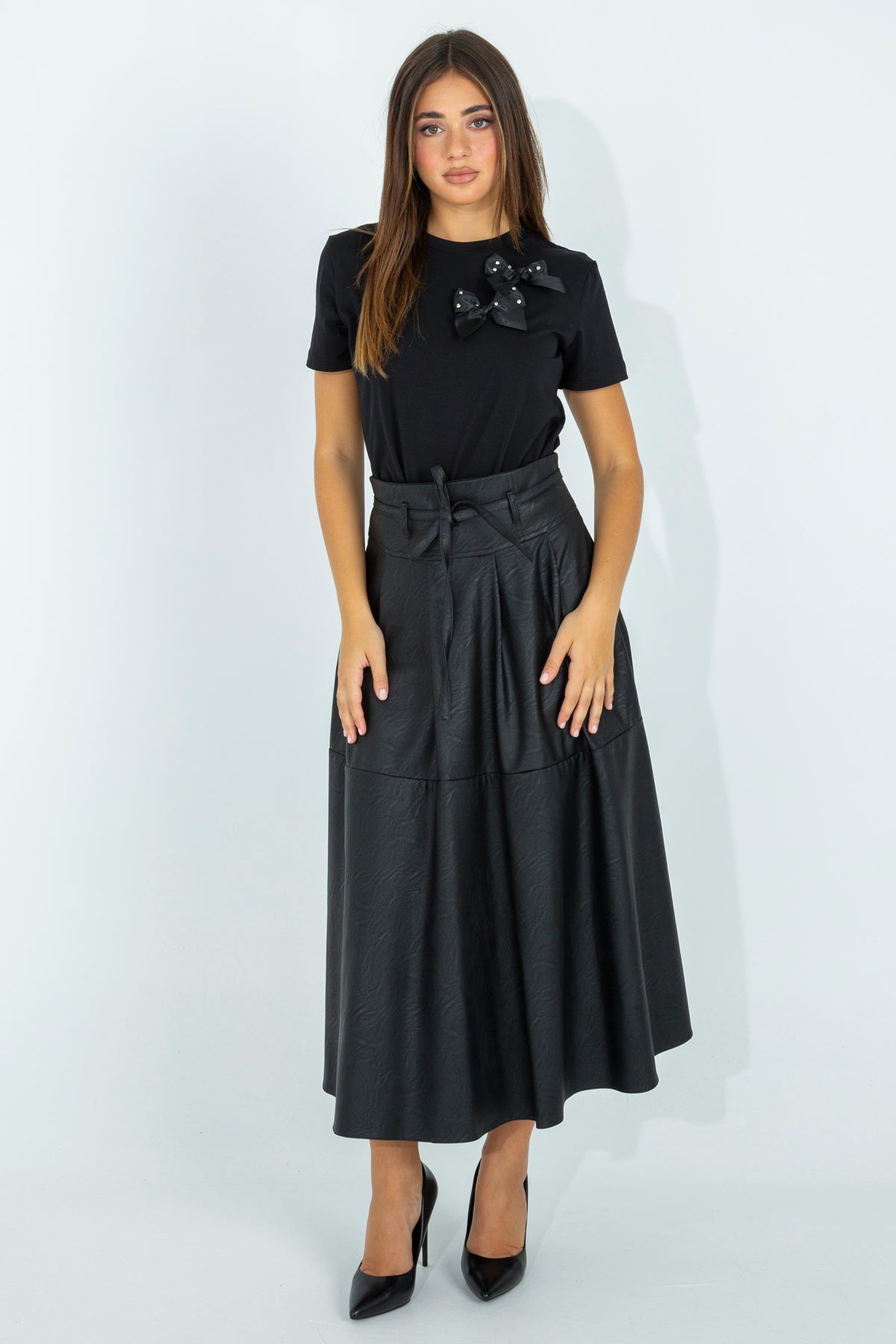 Faux leather skirt with fitted bodice